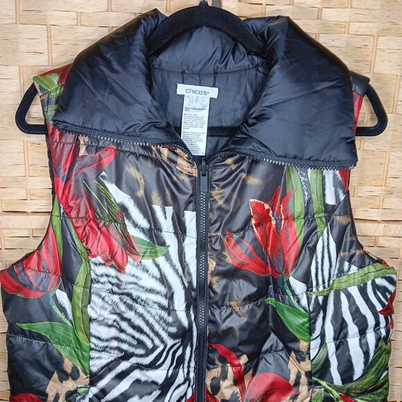 Chico's Tropical Puffer Vest Floral Animal Print Large 12 - Picture 3 of 7